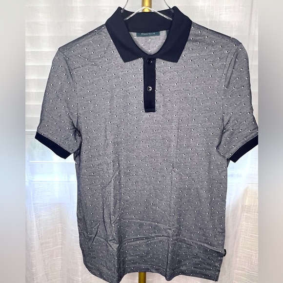 Short-Sleeved Polo Shirt by Perry Ellis, Gray/Dark Blue/White Geo Pattern, Sz S - Picture 1 of 5